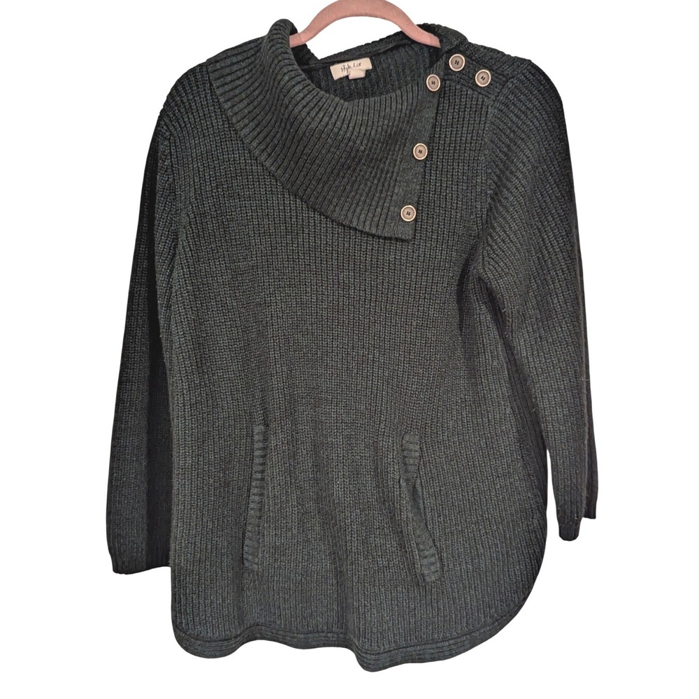 Style Co Dark Green Button Neck Ribbed Knit Sweater Plus Size 1X Cozy Pocket
